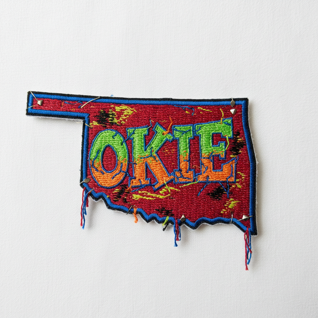 Embroidered iron-on patch in the shape of Oklahoma with OKIE in retro rocker letters