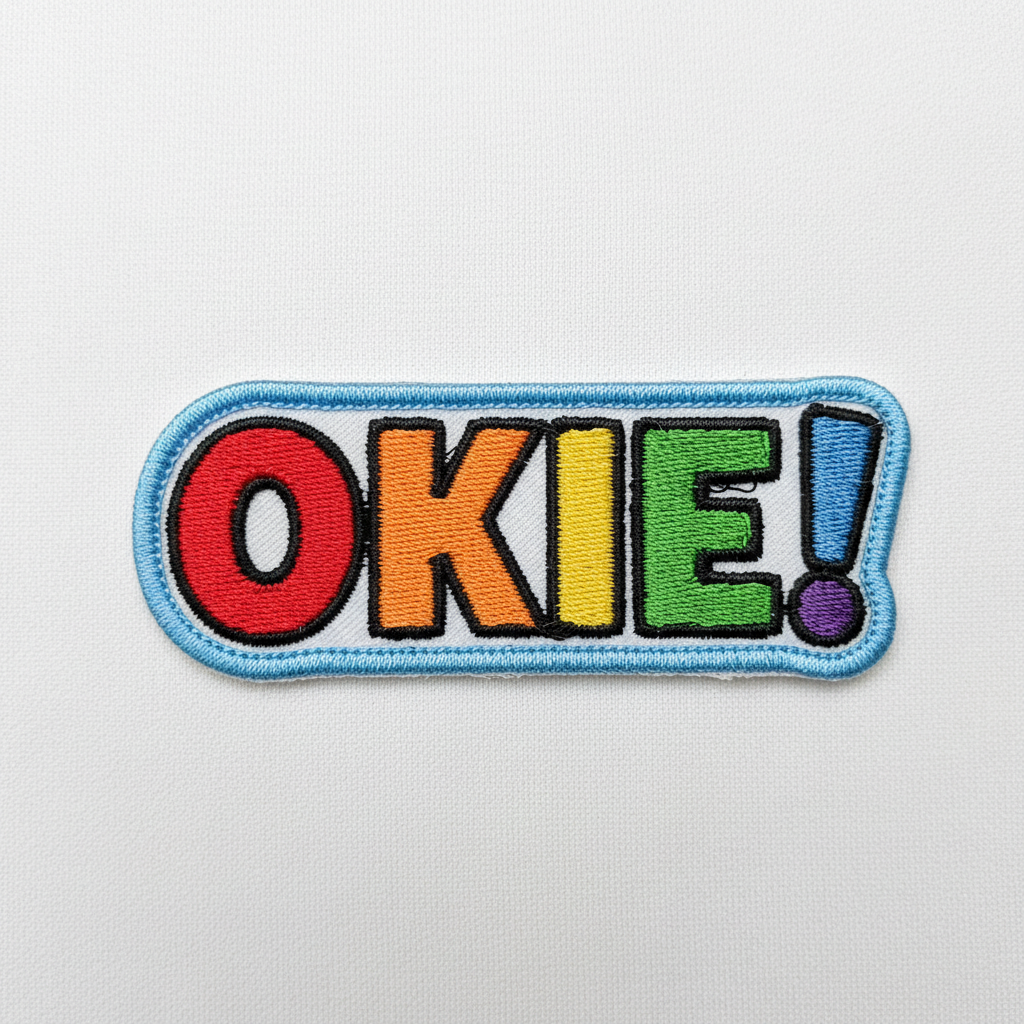Embroidered iron-on patch with OKIE in bold rainbow colored letters, clean cheerful style