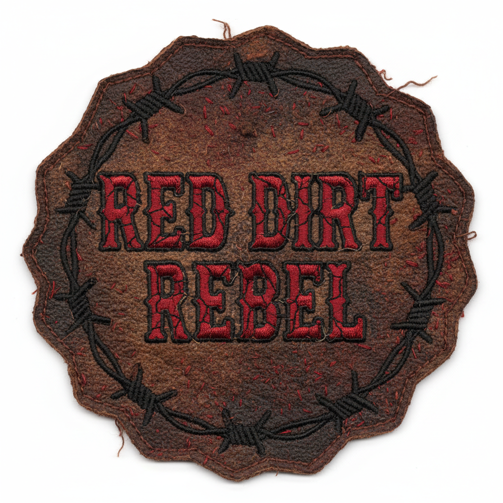 Embroidered iron-on patch saying Red Dirt Rebel in bold rugged western lettering with deep reds, blacks, and browns
