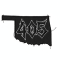 Black and grey embroidered iron-on patch in the shape of Oklahoma with 405 in bold punk style numbers