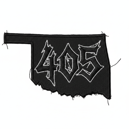 Black and grey embroidered iron-on patch in the shape of Oklahoma with 405 in bold punk style numbers