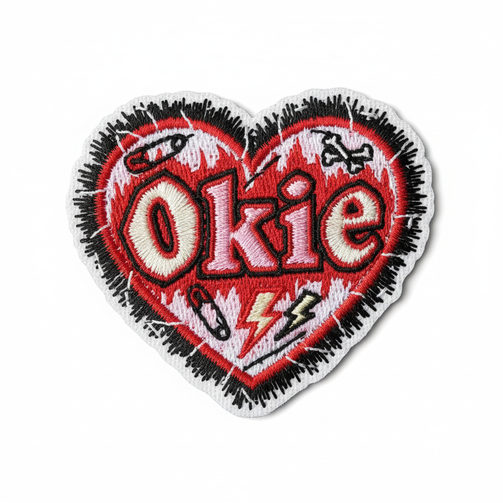 Heart-shaped embroidered iron-on patch with Okie lettering in red, pink, and white