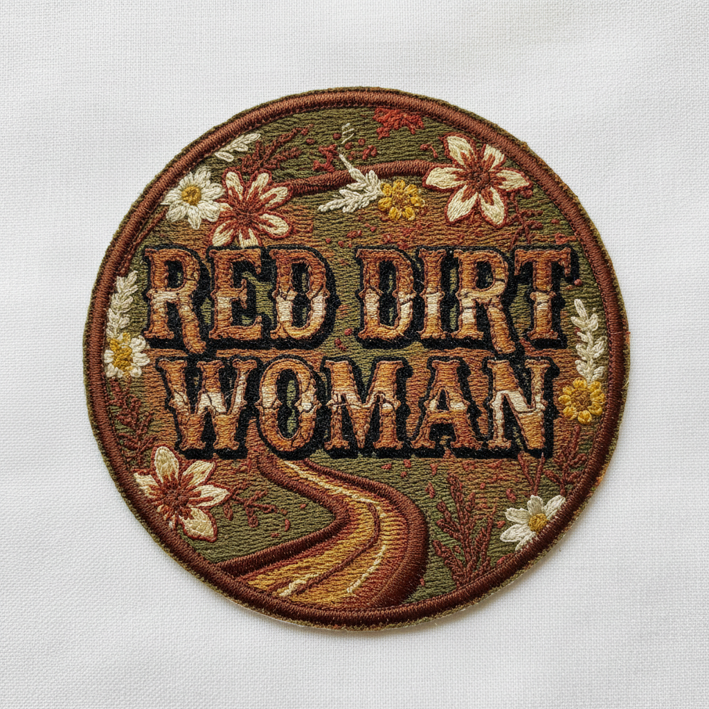 Embroidered iron-on patch saying Red Dirt Woman in rustic western lettering with earthy browns and greens