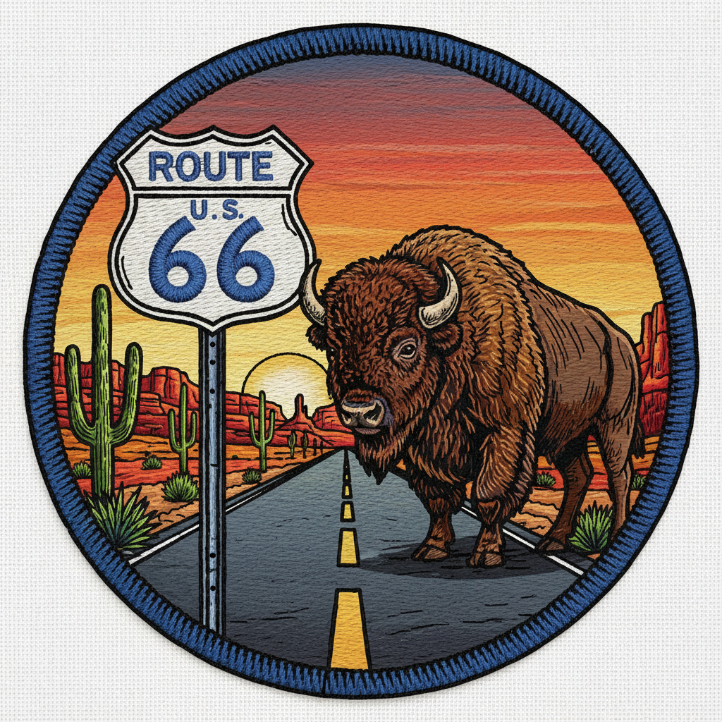 Route 66 sign with buffalo embroidered patch design